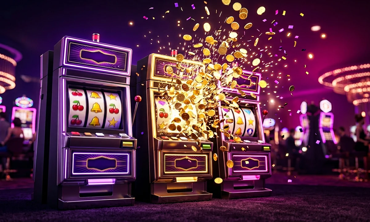 Live jackpot celebration with floating coins and neon slot reels