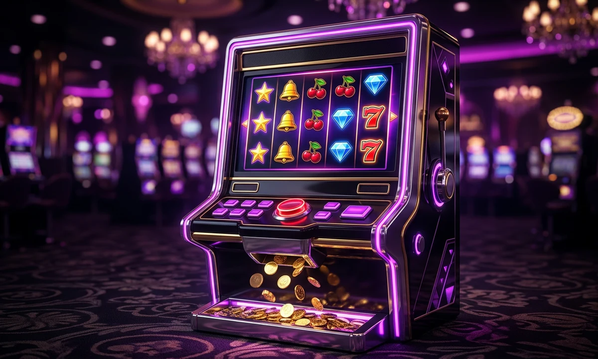 Modern online slot machine with glowing reels and cascading coins